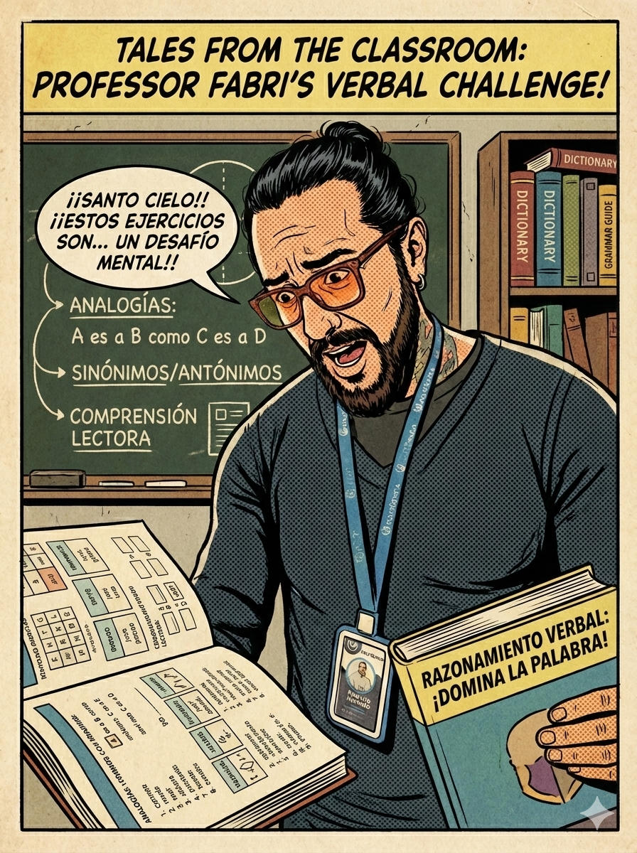 La imagen del profe examinando los ejercicios de Razonamiento verbal (imagen humorística).